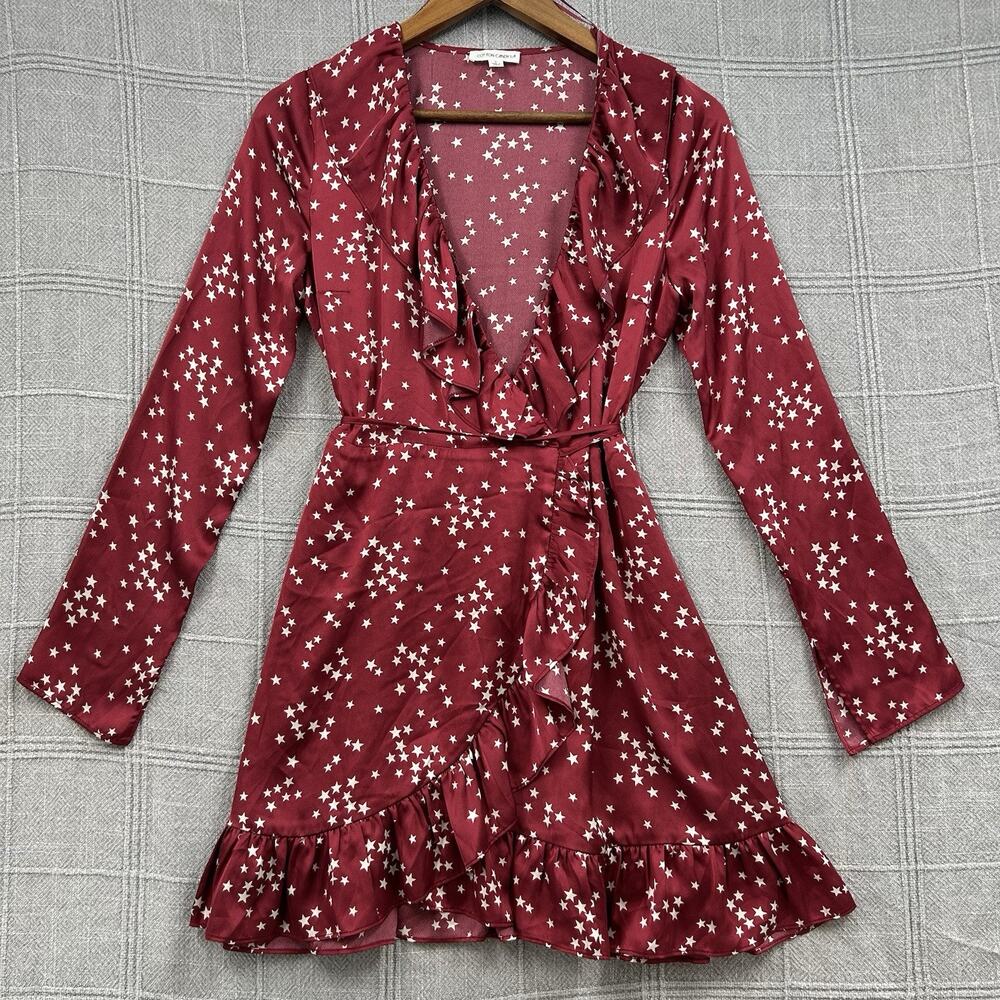 Cotton Candy LA Wrap Dress Size Small Burgundy Star Print Long Sleeve Ruffle